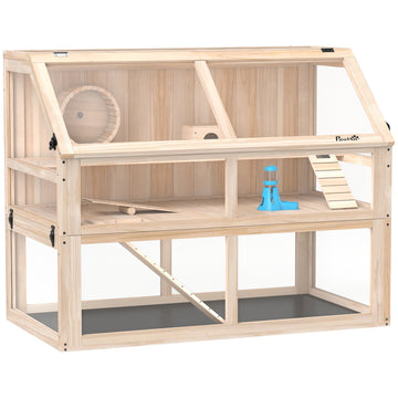 Hamsterkooi met 3 etages, looprad en wip | Kleur: Natuurhout | Afmetingen: 95x53x76 cm