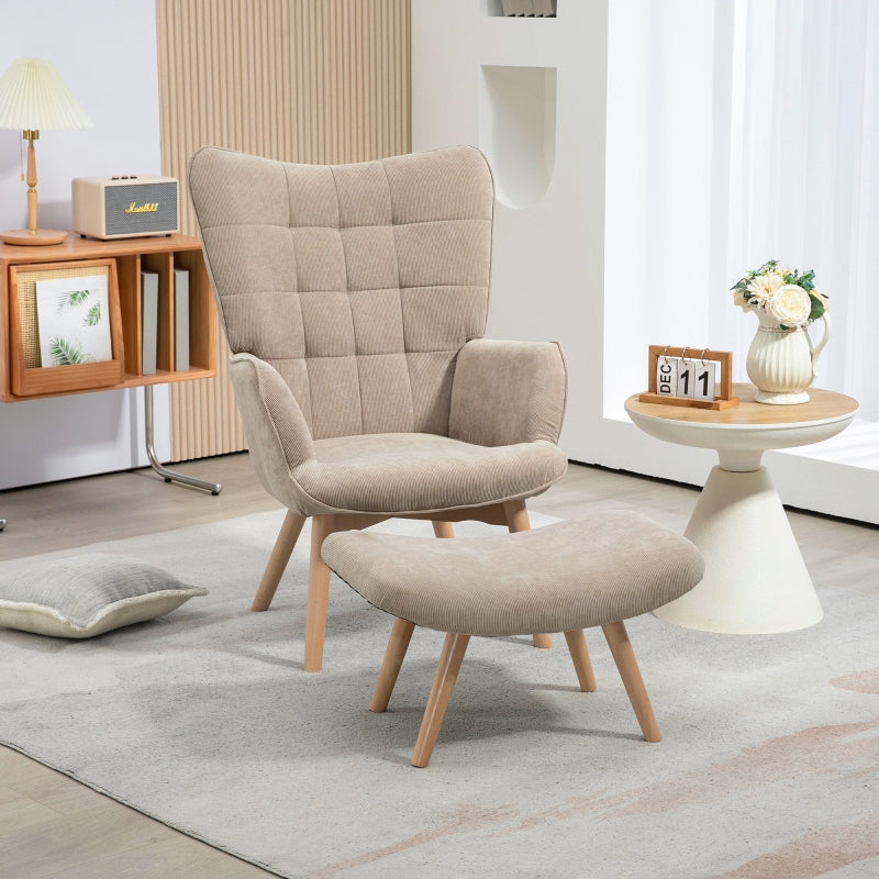 Skandi Sessel mit Fußhocker - Rippenoptik, Buchenholz | Farbe: Grau | Maße: 80x72x101 cm