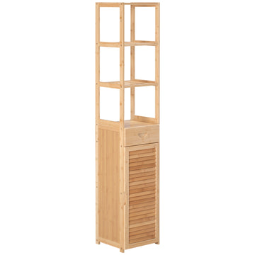 Smalle badkamerkast van bamboe met planken en lade | Kleur: Bruin | Afmetingen: 30x32x163 cm