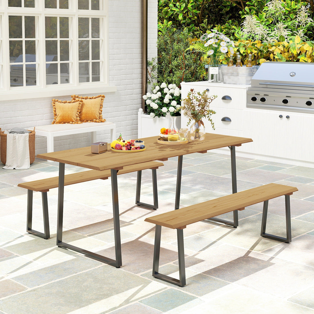 Gartenset für 6 Personen mit 2 Bänken | Farbe: Braun, Schwarz | Abmessungen: 178x76x77 cm