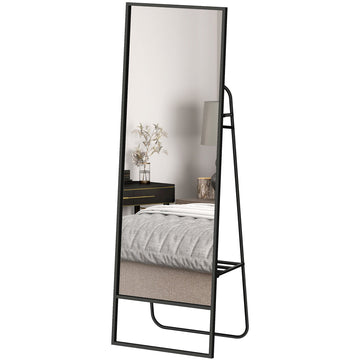 Staande spiegel met metalen frame en opbergruimte | Kleur: Zwart | Afmetingen: 50x38x157 cm