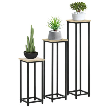 Plantenstandaard 3-delig, stapelbaar | Kleur: Zwart+Bruin | Afmetingen: 21x21x50/70/90 cm