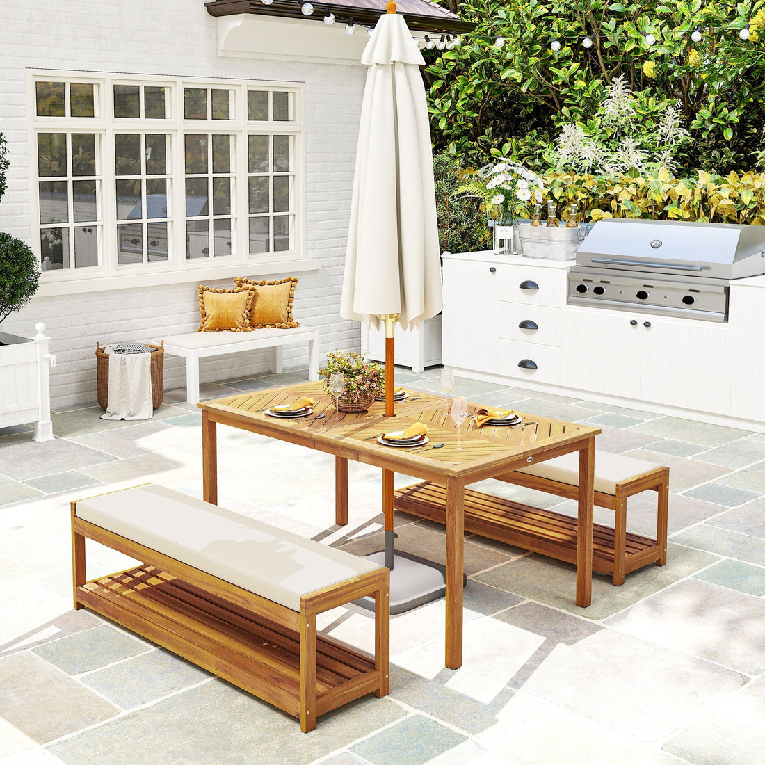 Gartenmöbel-Set 3-teilig mit Tisch und 2 Bänken | Farbe: Braun + Weiß | Abmessungen: 85x150x75 cm