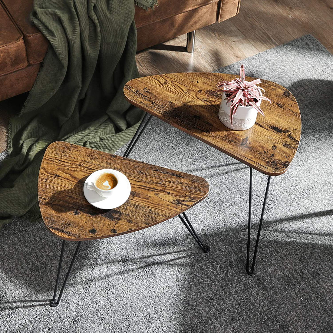 Set om 2 sidobord – trä, industriell, brun/svart – 60 x 38 x 47,5 cm