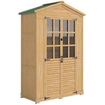 Houten tuinkast met planken en afsluitbare deur | Kleur: Lichtbruin | Afmetingen: 57,5x128x197 cm