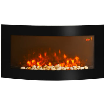 Elektrische wandhaard met LED-vlam en verwarming | Kleur: Zwart | Afmetingen: 89.2x13.5x48 cm