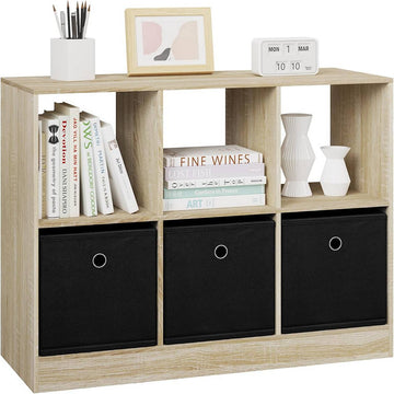 Boekenkast met 3 stoffen lades en 6 vakken | Helle eik | 80x30x60 cm
