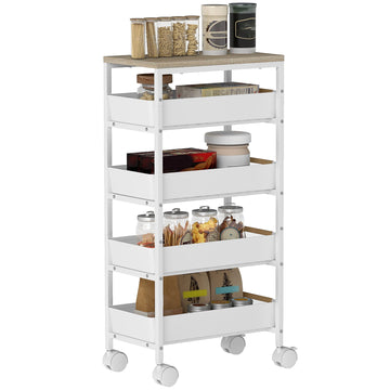 5-laagse keukentrolley met 4 laden | Kleur: Wit, bruin | Afmetingen: 39.5x24x82 cm