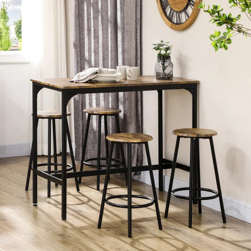 5-teiliges Industrie-Bartisch-Set mit 4 Barhockern | Farbe: Rustikales Braun | Abmessungen: 50x110x89.5 cm