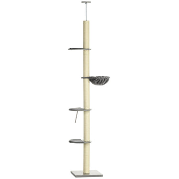 Kattenboom met krabpaal 230-250 cm | Kleur: Grijs+Crèmewit | Afmetingen: 40x40x230-250 cm