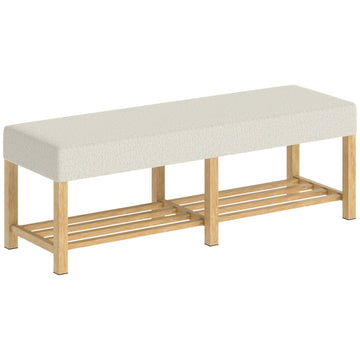 Schoenenbank van massief hout met zitkussen | Kleur: Crèmewit | Afmetingen: 140x44x48 cm