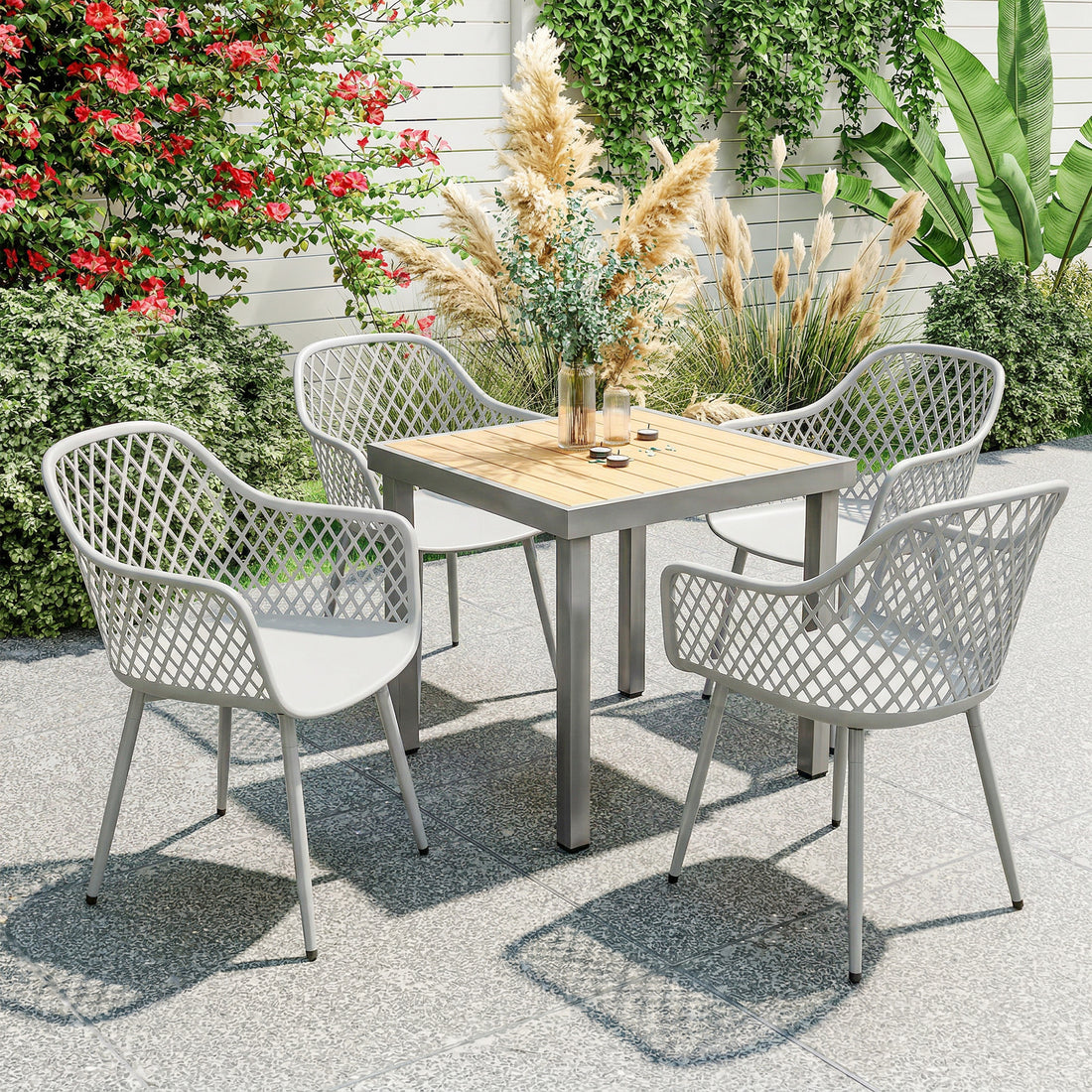4-delars set med trädgårdsstolar och armstöd | Färg: Grå | Mått: 56x51x84 cm