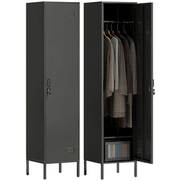 Metalen kledingkast met slot en kledingstang | Kleur: Zwart | Afmetingen: 40x40x179 cm