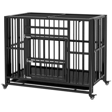 Hondenbench met wielen en voerluik | Kleur: Zwart | Afmetingen: 58x94x78 cm