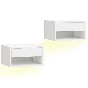 2 zwevende nachtkastjes met RGB-led en lade | Kleur: Wit | Afmetingen: 37x32x21 cm