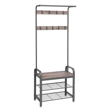 Kledingrek met kapstok, schoenenrek en bankje - grijs/zwart - 72 x 33,7 x 183 cm