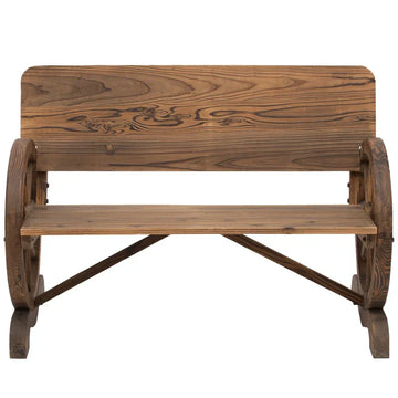 Rustieke houten tuinbank met wagenwiel-armleuningen | Kleur: Donkerbruin | Afmetingen: 58x114x80 cm