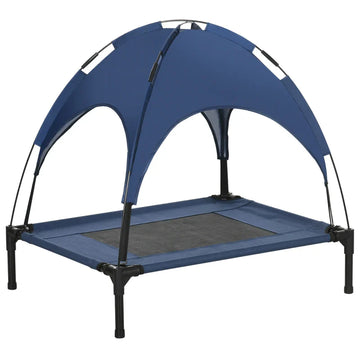 Verhoogd hondenbed met zonnedak | Kleur: Donkerblauw+Zwart | Afmetingen: 61x76x73 cm