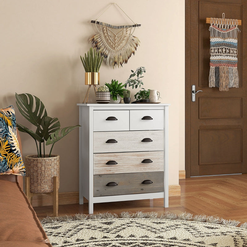 Dressoir met 5 laden - Ladekast | Kleur: Wit + Donkerbruin | Afmetingen: 70x38x85 cm