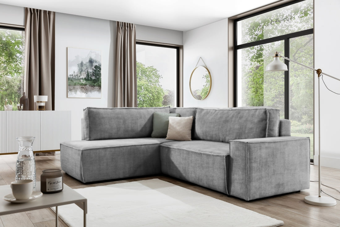 Flabio L Hoekbank Links met Slaapfunctie - Grijs Fluweel Vogue 14 | 254x90/77x202 cm