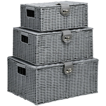 Set van 3 opbergmanden met deksel | Kleur: Grijs | Afmetingen: 28,5x35,5x18/24x33x15/20x28x12,5 cm
