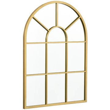 Gouden wandspiegel met boog en raamverdeling | Kleur: Goud