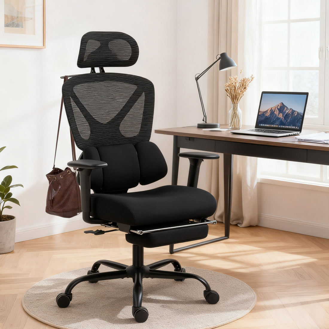 Ergonomischer Bürostuhl mit Lordosenstütze | Farbe: Schwarz | Abmessungen: 73x75x120-128 cm