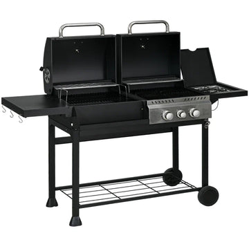 Gasbarbecue met houtskoolgrill | Kleur: Zwart+Zilver | Afmetingen: 53x161x101 cm