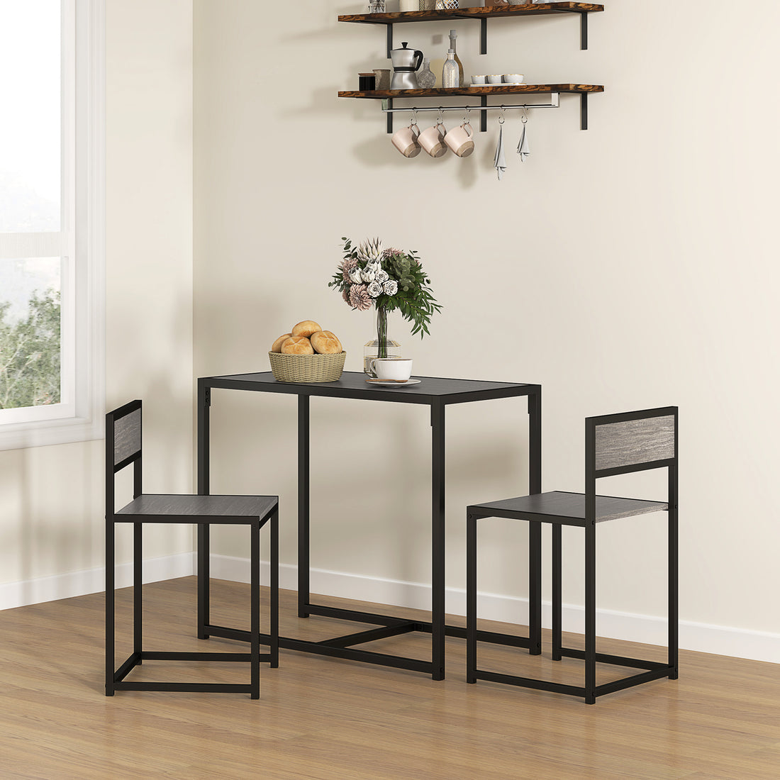 3-teiliges Bartisch-Set mit 2 Stühlen | Farbe: Grau | Maße: 90x47x76 cm