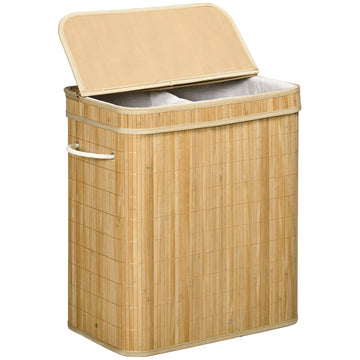 Bamboe wasmand met deksel en 2 vakken | Kleur: Bruin | Afmetingen: 54.2x35.2x59.5 cm