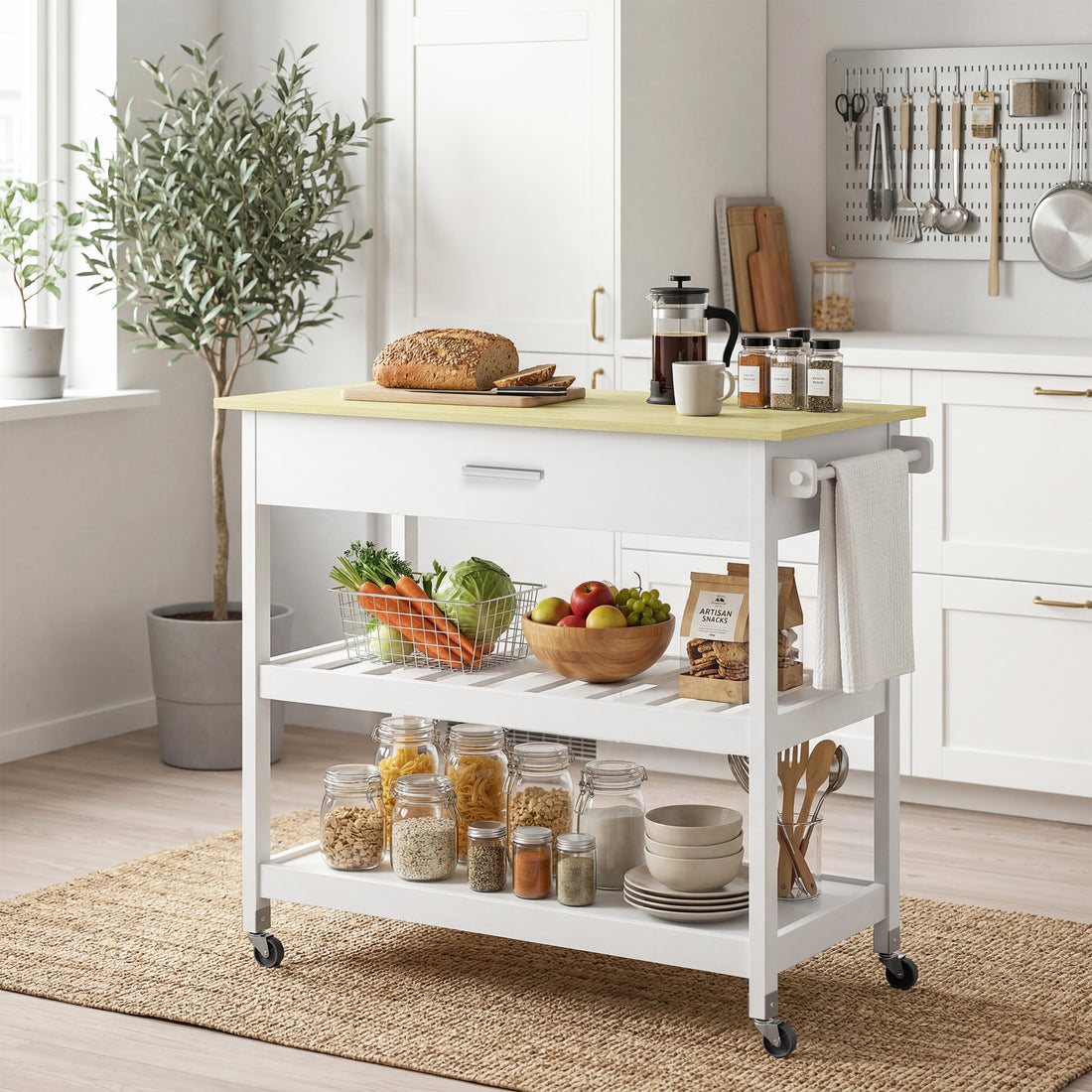 Keukenwagen met werkblad en opbergruimte | Kleur: Wit | Afmetingen: 108,8x51x92,5 cm