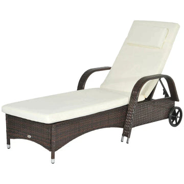 Mobiele tuinligstoel van poly rattan | Kleur: Koffiebruin + crème | Afmetingen: 73x200x30-103 cm
