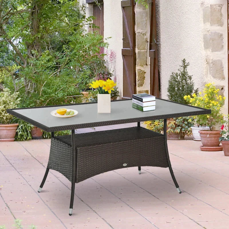 Poly rattan tuintafel met veiligheidsglas | Kleur: Bruin+Zwart | Afmetingen: 85x150x74 cm