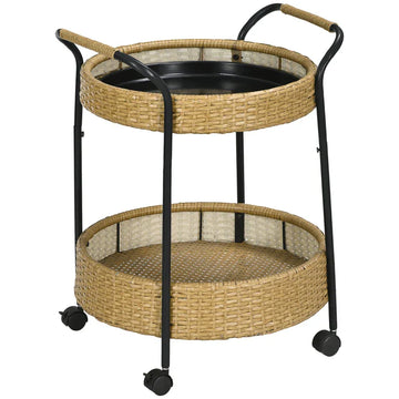 Serveerwagen voor buiten - Rattan barwagen | Kleur: Geel, zwart | Afmetingen: 50x50x66 cm