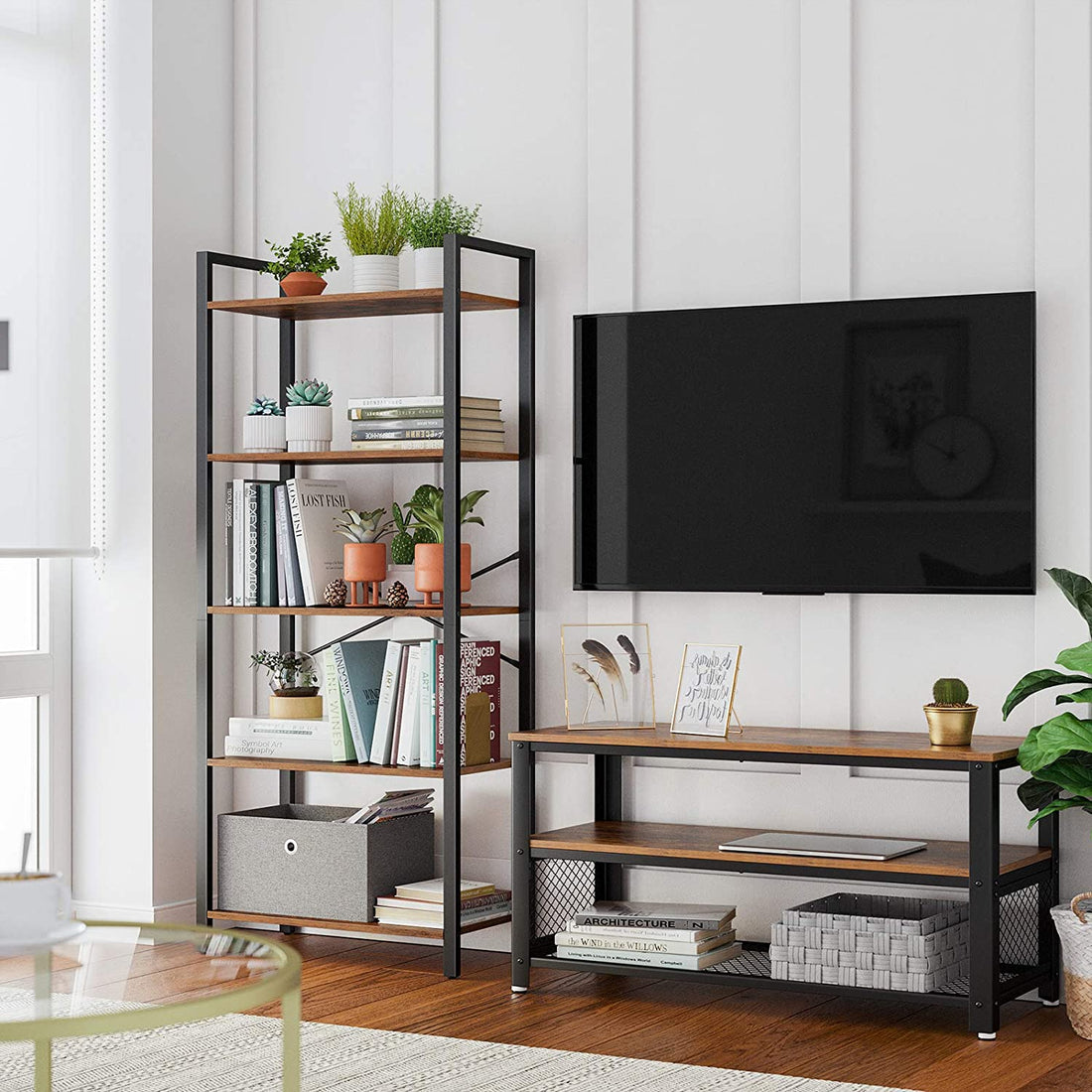 Boekenkast - Vintage wandkast - Staande kast - Bruin/zwart - 66 x 30 x 153 cm