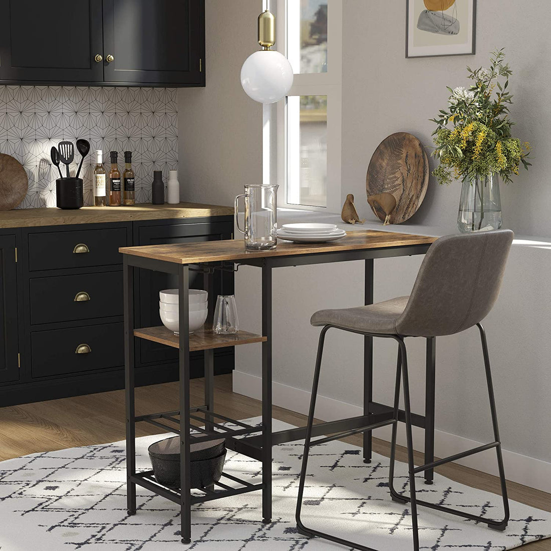 Hoher Tisch mit Weinglashalter - industriell - braun/schwarz - 110 x 40 x 90 cm