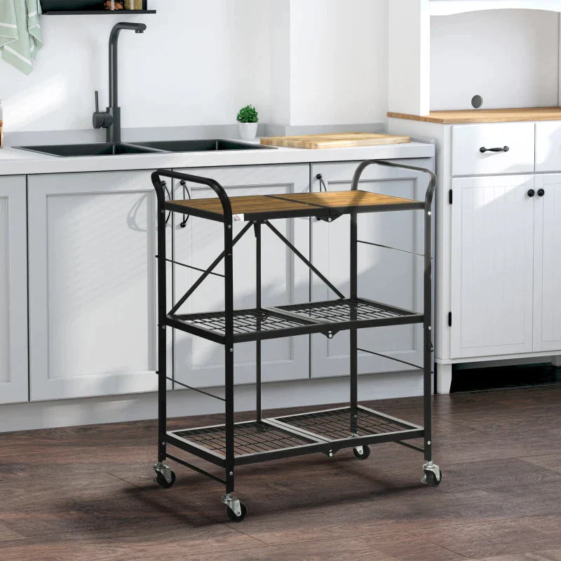 Keukentrolley met 3 planken en wielen | Kleur: Zwart+Bruin | Afmetingen: 35x68x85 cm