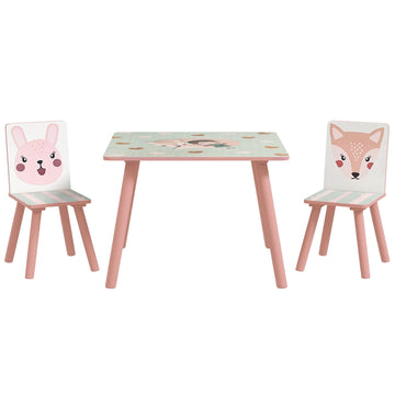 Houten kinderset met tafel en 2 stoelen | Kleur: Roze/wit | Afmetingen: 60x60x44 cm