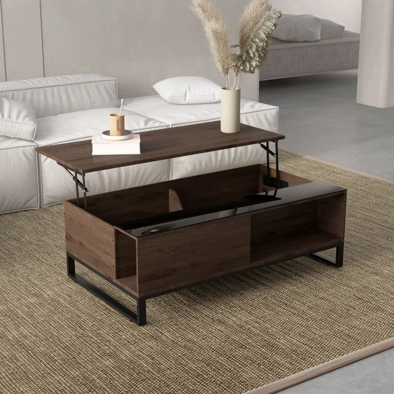Couchtisch mit Hebeplatte, versteckter Stauraum | Farbe: Walnuss+Schwarz | Abmessungen: 102x58x35.5 cm