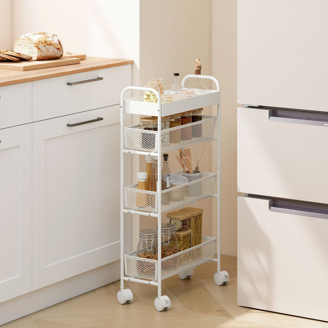Keukentrolley met 3 manden - Smalle opberger | Kleur: Wit | Afmetingen: 19x43.2x80 cm