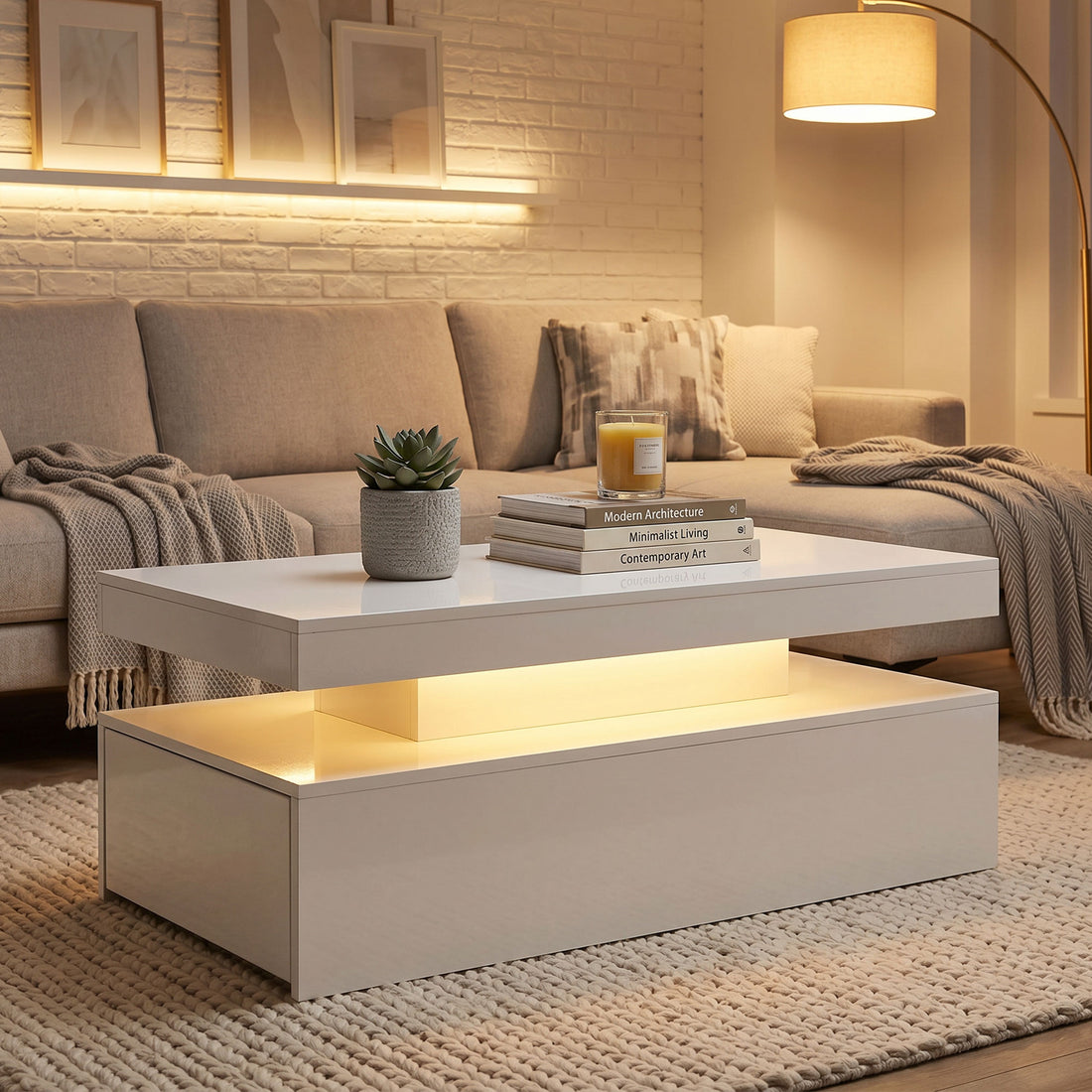 LED soffbord med förvaring och 2 lådor | Färg: Högglansvit | Mått: 100x50x40 cm