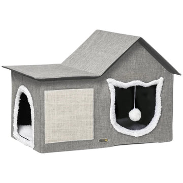 Kattenhuis met krabmat en kussen | Kleur: Grijs, crèmewit | Afmetingen: 41x65x45.5 cm