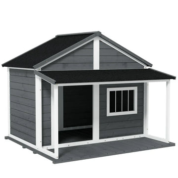 Hondenhok met veranda | Kleur: Zwart + grijs + wit | Afmetingen: 124x112x105 cm
