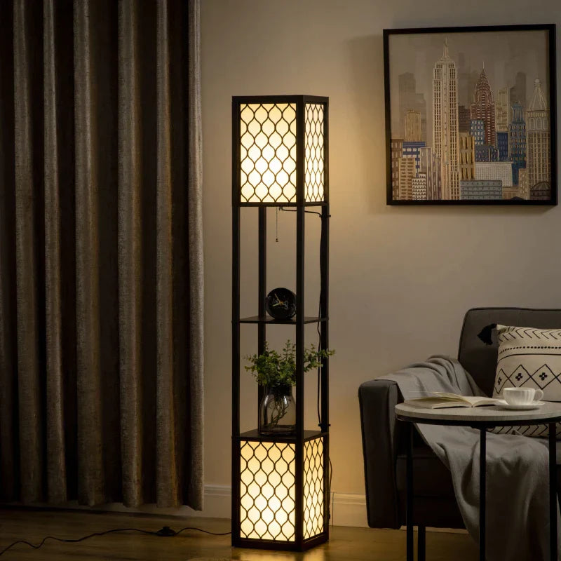 Vloerlamp met 2 legplanken en stoffen kap | Kleur: Zwart+Wit | Afmetingen: 26x26x156 cm