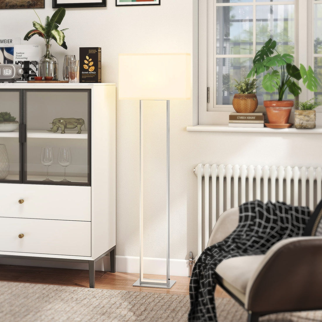 Moderne vloerlamp met linnen kap en dimmer | Kleur: Wit | Afmetingen: 150x45x150 cm