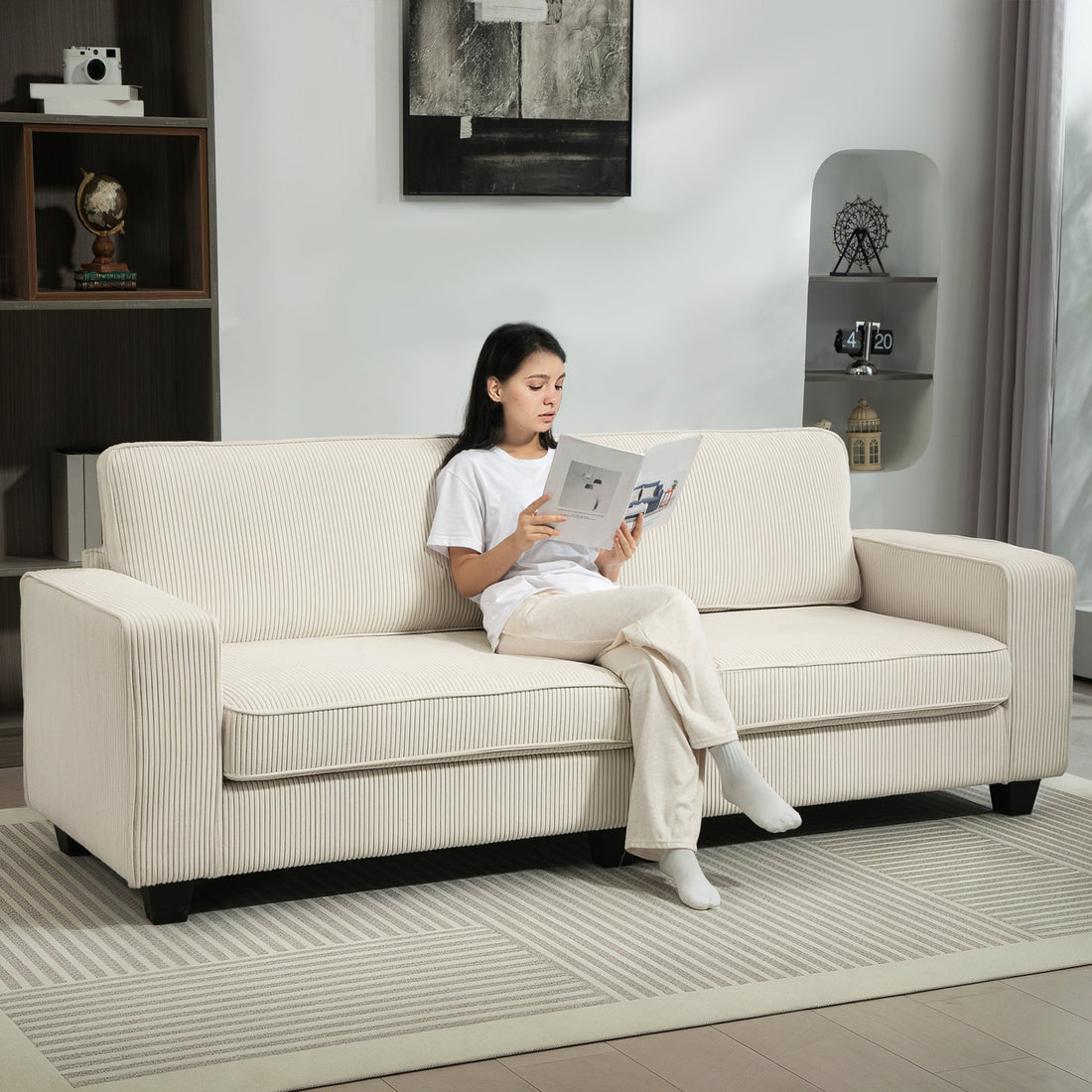 3-Sitzer-Sofa aus Cordstoff - Weißes Sofa für Wohnzimmer | Farbe: Weiß | Abmessungen: 227x84x87 cm