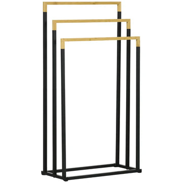 Handdoekenrek 3-laags - Vrijstaand bamboe | Kleur: Zwart+Natuurlijk | Afmetingen: 22.5x45x86 cm