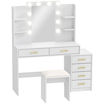 Make-uptafel met verlichte spiegel en kruk | Kleur: Wit | Afmetingen: 120x40x140 cm