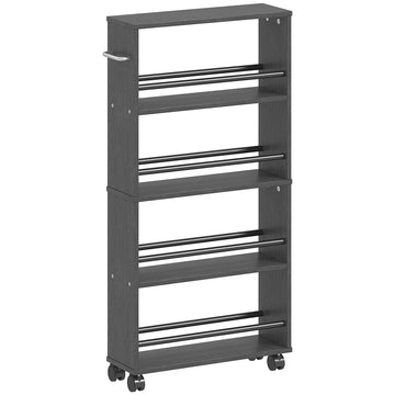 Smalle multifunctionele kast met wielen en 4 vakken | Kleur: Zwart | Afmetingen: 45x15x91 cm