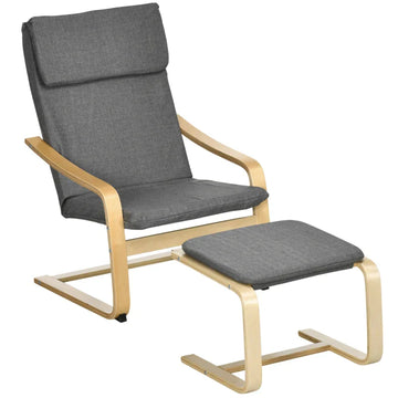 Fauteuil met voetenbank - Linnenlook | Kleur: Grijs + naturel | Afmetingen: 66,5x80x99 cm